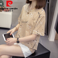 皮爾卡丹（pierre cardin）2025夏裝加大碼時尚百搭純棉短袖T恤女胖mm200斤顯瘦遮肚子上衣女 698杏色 L 90-120斤