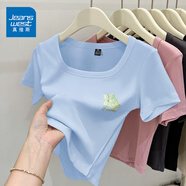 真維斯（JEANSWEST）簡(jiǎn)約風(fēng)t恤女夏季韓版緊身顯瘦方領(lǐng)短款短袖女裝休閑百搭半袖小衫 天藍 起司綠小花_K S