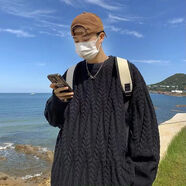 NJSKAKW寬松拼色大碼胖子毛衣男秋冬新款港風(fēng)圓領(lǐng)長袖針織衫情侶百搭上衣 黑【8812麻花】 M 【90-105斤】