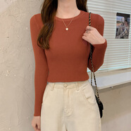 FHHUABD春秋2024新款圓領(lǐng)修身緊身長袖打底針織衫上衣洋氣內(nèi)搭毛衣女秋冬 焦糖色-款 常規(guī) 均碼  高彈力 70-130斤