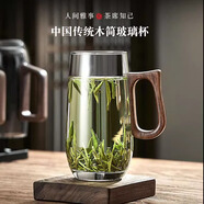 鑫璟仁玻璃綠茶杯高檔創(chuàng)意手繪陶瓷水杯帶把簡約杯家用透明泡茶杯耐高溫 【胡桃木圓耳把】360ML