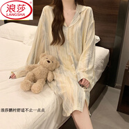 浪莎（LangSha）帶胸墊睡裙女春秋款長袖開衫襯衫睡衣連衣裙夏季可外穿家居服冬天 2406 豎條紋 帶胸墊 165(L)