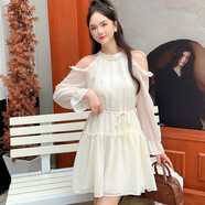 HUALIN FASHION法式珍珠掛脖露肩雪紡群女2025早秋新長袖寬松洋氣減齡甜美連衣裙 杏色 S 80-90