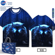 凱零NASA 3D狼圖案周邊短袖T恤男夏季青少年立體狼頭印花衣服寬松體恤 短袖選項1 均碼 100cm