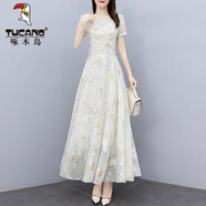 啄木鳥(niǎo)超大尺碼胖美眉300斤碎花時(shí)尚連衣裙女夏裝新款洋氣收腰氣質(zhì)顯瘦 淺黃色 M 建議95-105斤