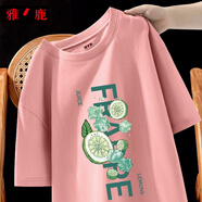 雅鹿短袖T恤男純棉韓版潮流寬松大碼透氣打底衫青少年學(xué)生夏天休閑t恤 粉/冰鎮(zhèn)檸檬后圖 2XL （重155-170斤高175-180）