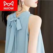 貓人（MiiOW）輕奢掛脖吊帶上衣女夏小眾后背蝴蝶結系帶無(wú)袖冰絲遮肚子背心 藍色 XL