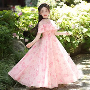 女童碎花連衣裙夏季2025新款小女孩中長(zhǎng)款裙子兒童夏裝大童雪紡裙 8803粉色送鎖骨鏈 130