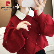 皮爾卡丹（pierre cardin）春秋季2025年新款娃娃領(lǐng)假兩件上衣女士毛衣冬裝加厚內(nèi)搭新年 紅色 2XL