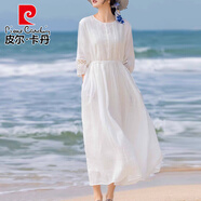 皮爾卡丹2025夏季新款白色鏤空棉麻連衣裙女輕薄透氣長(cháng)裙收腰系帶亞麻裙子 白色 （有里襯） XL 【130-145斤】
