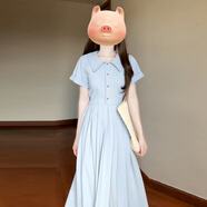 以純 YISHION藍(lán)色襯衫連衣裙子女夏季2025新款感收腰顯瘦a字法式氣質(zhì)長(zhǎng)裙 藍(lán)色連衣裙 L 55/60kg