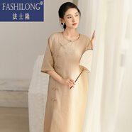 法士隆（FASHILONG）高端復(fù)古女裝夏季新款新中式旗袍中國(guó)風(fēng)苧麻連衣裙女刺繡圓領(lǐng)茶服 秋香米 XL 【建議120-140】