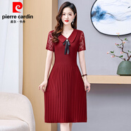 皮爾卡丹（pierre cardin）蕾絲短袖百褶裙夏季新款中年老年顯瘦媽M媽時(shí)尚洋氣大尺碼雪紡連 紅色 XL (建議90-115斤)