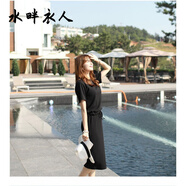 水畔衣人高檔休閑短袖收腰連衣裙2025夏季女裝中長款彈力棉開叉抽繩女裙子 黑色 S 建議82-95斤