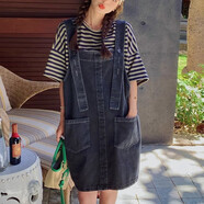 Lauaird大碼2-300斤減齡T恤牛仔背帶裙套裝女夏季胖MM韓版寬松洋氣連衣裙 單條紋上衣 XL 建議115-150斤