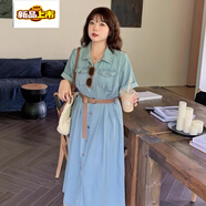 初徑（CHUJING）2025新款復古單排扣牛仔連衣裙大碼女裝200斤胖mm顯瘦腰帶收腰 連衣裙【不含腰帶】 M (120-140斤)