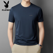花花公子（PLAYBOY）品牌高檔圓領(lǐng)t恤男高端商務(wù)休閑體恤桑蠶絲夏季純色半袖男裝 TX8811藍灰 M 165 【適合體重100-120斤】