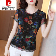 皮爾卡丹（pierre cardin）印花雪紡衫女彈力網(wǎng)紗冰絲透氣t恤夏圓領(lǐng)短袖修身仿打底衫女隨性 8818 T1602 L 100-110斤