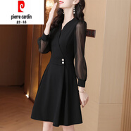 皮爾卡丹（pierre cardin）黑色雪紡連衣裙子女士裝早春秋季2025年新款別致小個子漂亮中長裙 黑色 《今年流行別致漂亮感》 L (100-110斤)