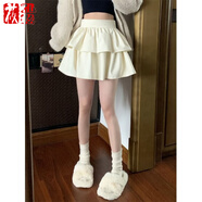 莜仙格白色初戀短裙女夏季半身裙顯瘦a字裙蛋糕裙蓬蓬裙小個子高腰裙子 米白色 S 建議 75斤以下