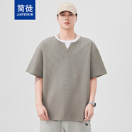 簡(jiǎn)徒（JANTOUR）夏季新款短袖T恤男寬松V領(lǐng)假兩件t恤衫潮流寬松日系復(fù)古情侶上衣 卡其 M