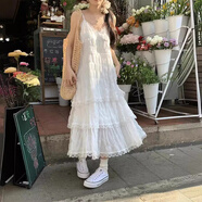 小野七天法式吊帶連衣裙女 春夏裝度假旅游氣質(zhì)純欲風(fēng)蛋糕裙子少女感長(cháng) 吊帶裙【白色連衣裙 L 】