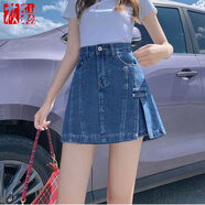 莜仙格2025春夏不規則牛仔短褲女薄款a字裙褲小個(gè)子顯瘦休閑高腰五分褲 深藍色 L 【建議110-120斤】