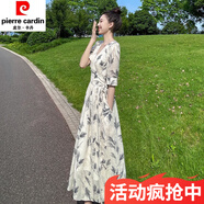 皮爾卡丹（pierre cardin）2024年新款茶歇法式收腰長(zhǎng)裙氣質(zhì)溫柔風(fēng)過(guò)膝碎花連衣裙女夏大擺裙 米白色常規(guī)款廣州十三行連衣裙新品仙女裙 2XL廣州十三行連衣裙新品仙女裙