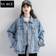 NY-RCE藍色牛仔外套女春秋季新款韓版休閑外搭上衣bf寬松牛仔夾克女 藍色 L