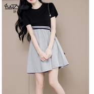 妤遇（YUUZYUUS）品牌女裝連衣裙女2025夏季新款小個子洋氣減齡遮肚顯瘦假兩件裙子 黑色拼灰 L