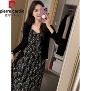 皮爾卡丹（pierre cardin）2025春夏新款女設計感別致碎花吊帶連衣裙防針織開(kāi)衫上衣兩件套 黑色吊帶裙 S