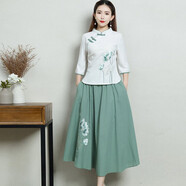 瑤益新中式國風(fēng)改良旗袍連衣裙2025夏女年輕款日常立領(lǐng)棉麻繡花套裝裙 白色套裝 L