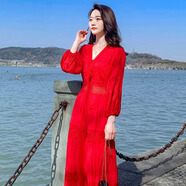 ETLK2025春夏裝新款蕾絲鏤空連衣裙白色甜美法式泡泡袖度假長裙沙灘裙 紅色七/分/袖 M 100-108斤