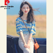 皮爾卡丹（pierre cardin）夏季韓系chic洋氣獨特別致漂亮上衣寬松百搭顯瘦藍色條紋T恤女款 藍色條紋T恤【2024夏季新款女裝 XL 【建議115-125斤】