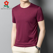 夢特嬌（MONTAGUT）法國品牌桑蠶絲圓領男士短袖純色常規(guī)t恤薄款中年真絲體恤夏季 酒紅 M 165