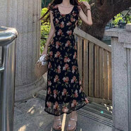 沐霓 碎花連衣裙 2025春季新款女復(fù)古法式長款度假裙子沙灘海邊修身 黑色復(fù)古碎花連衣裙 S