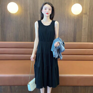 EINDKAD春秋季氣質(zhì)淑女女茶歇高端雪紡牛仔外套兩件套裝配吊帶碎花連衣裙 黑色 背心裙1770單件 S