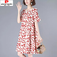 皮爾卡丹2025夏款連衣裙減齡棉麻連衣裙寬松大尺碼顯瘦遮肚波點(diǎn)短袖中長(cháng)裙 紅色(少量現貨) L 【建議110-130斤】