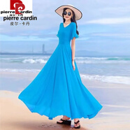 皮爾卡丹（pierre cardin）大擺裙波西米亞度假長(cháng)裙沙灘裙旅游拍照夏新款長(cháng)款大碼雪紡連衣裙 天藍色  5分袖 M 建議90--105斤