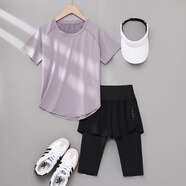 蜜莎蜜拉（Mirza Mirror）跑步運(yùn)動(dòng)套裝女晨跑服夏訓(xùn)練五分褲跳操服薄款寬松透氣健身衣短袖 紫色兩件套黑褲 L