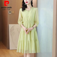 皮爾卡丹（pierre cardin）法式v領(lǐng)黃綠色連衣裙女2025夏季新款氣質(zhì)七分袖木耳邊收腰a字裙 黃綠色 L 建議105-115斤