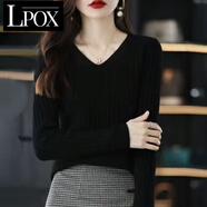 LPOX2025新款V領(lǐng)套頭長(zhǎng)袖針織打底衫女毛衣百搭內(nèi)搭毛衫修身上衣女 黑色 XL [建議110-120斤]