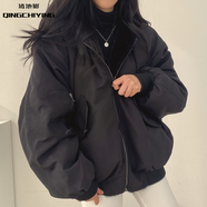 清池影（QINGCHIYING）韓國加絨加厚兩面穿羊羔毛棉服女裝外套冬季新款拉鏈連帽棉上衣寬 黑色（加厚兩面穿） L 建議110-125斤