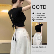 貞喜氣短款正肩短袖t恤女純欲露背新款夏季修身時(shí)尚顯瘦高腰辣妹上衣 黑色 M （96-105斤）