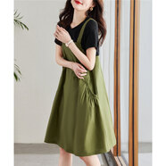尚靜寬松撞色拼接假兩件小個(gè)子連衣裙夏季款時(shí)尚背帶裙女