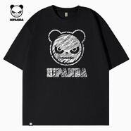 HI PANDA你好熊貓短袖T恤男美式高街痞帥個性夏季舒適透氣重磅純棉五分袖 【100%純棉】-黑#JDP熊貓粉筆 L