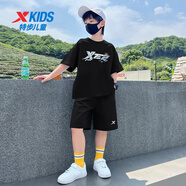 特步（XTEP）兒童運(yùn)動(dòng)套裝夏季短袖短褲兩件套冰絲速干2025新款6-16歲男童夏裝 黑T黑褲9374 150
