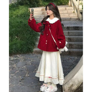 COLORFUL GEMS法式感紅色毛呢外套搭配甜美娃娃領連衣裙 紅色毛呢外套+娃娃領連衣裙 2XL