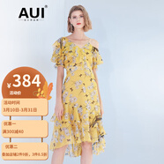 AUI 雪紡連衣裙女2022夏季新款女士裙子氣質(zhì)不規(guī)則荷葉邊碎花裙 黃色 L