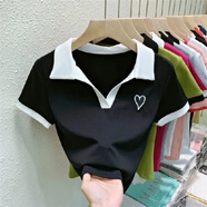 南極人（Nanjiren）冰爽絲polo衫辣妹短款V領(lǐng)夏季新款上衣設計感針織上衣小眾短袖T恤 黑色 均碼